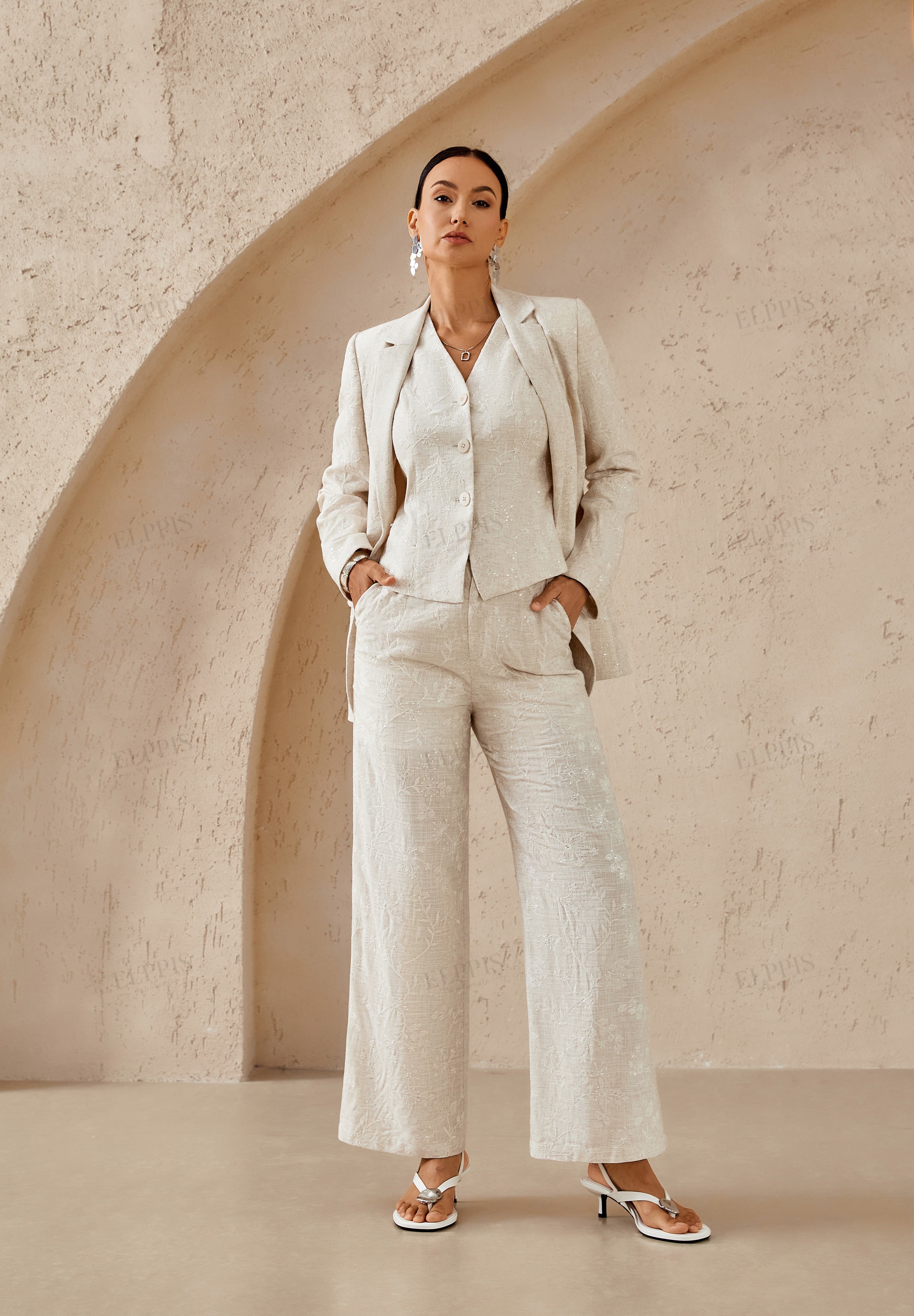Beige Textured Linen-Blend Embroidered Waistcoat
