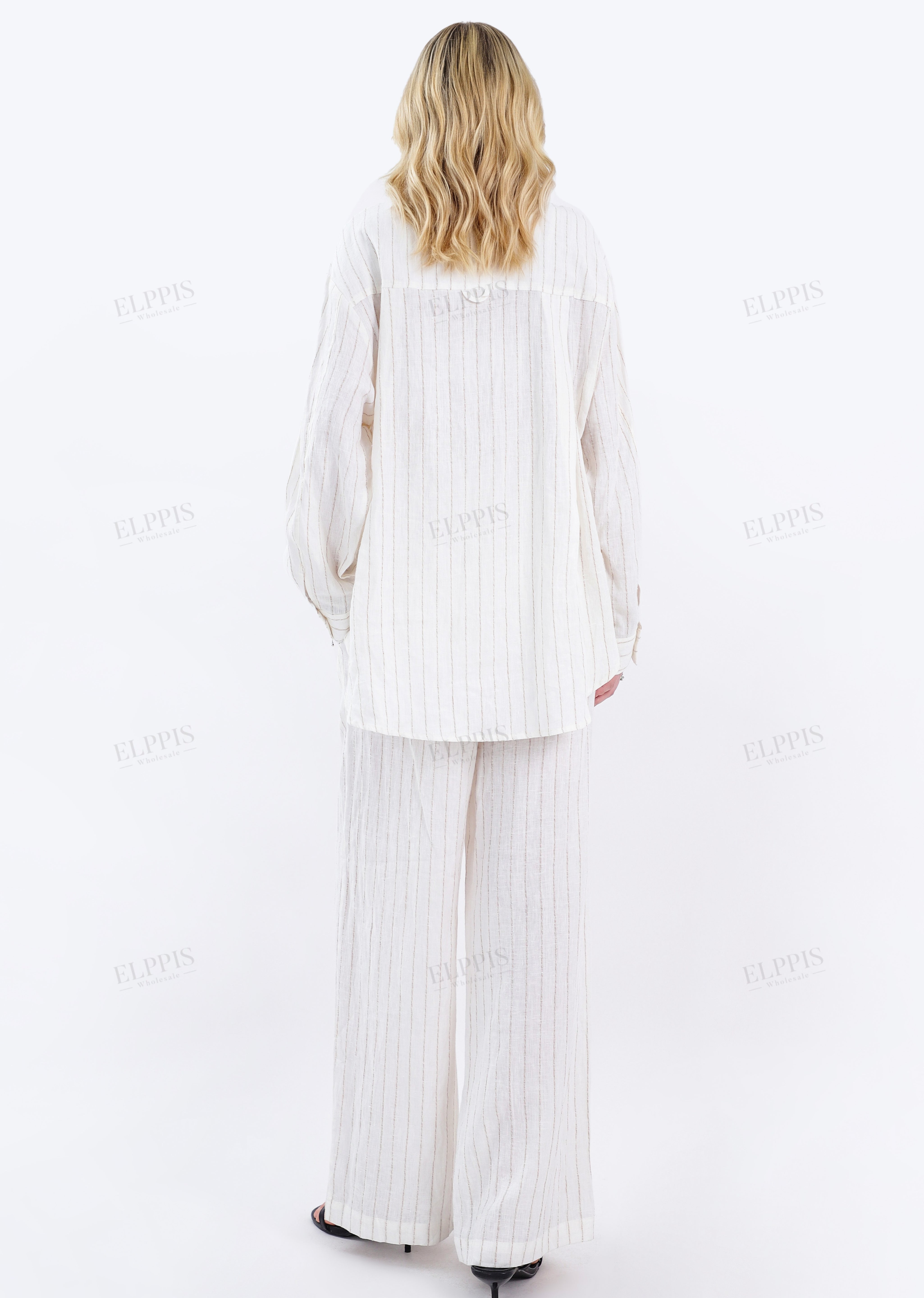 Cream Yarn-Dyed Striped Linen Oversized Long-Sleeve Shirt