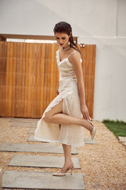 Beige Textured Ruffled Midi Skirt