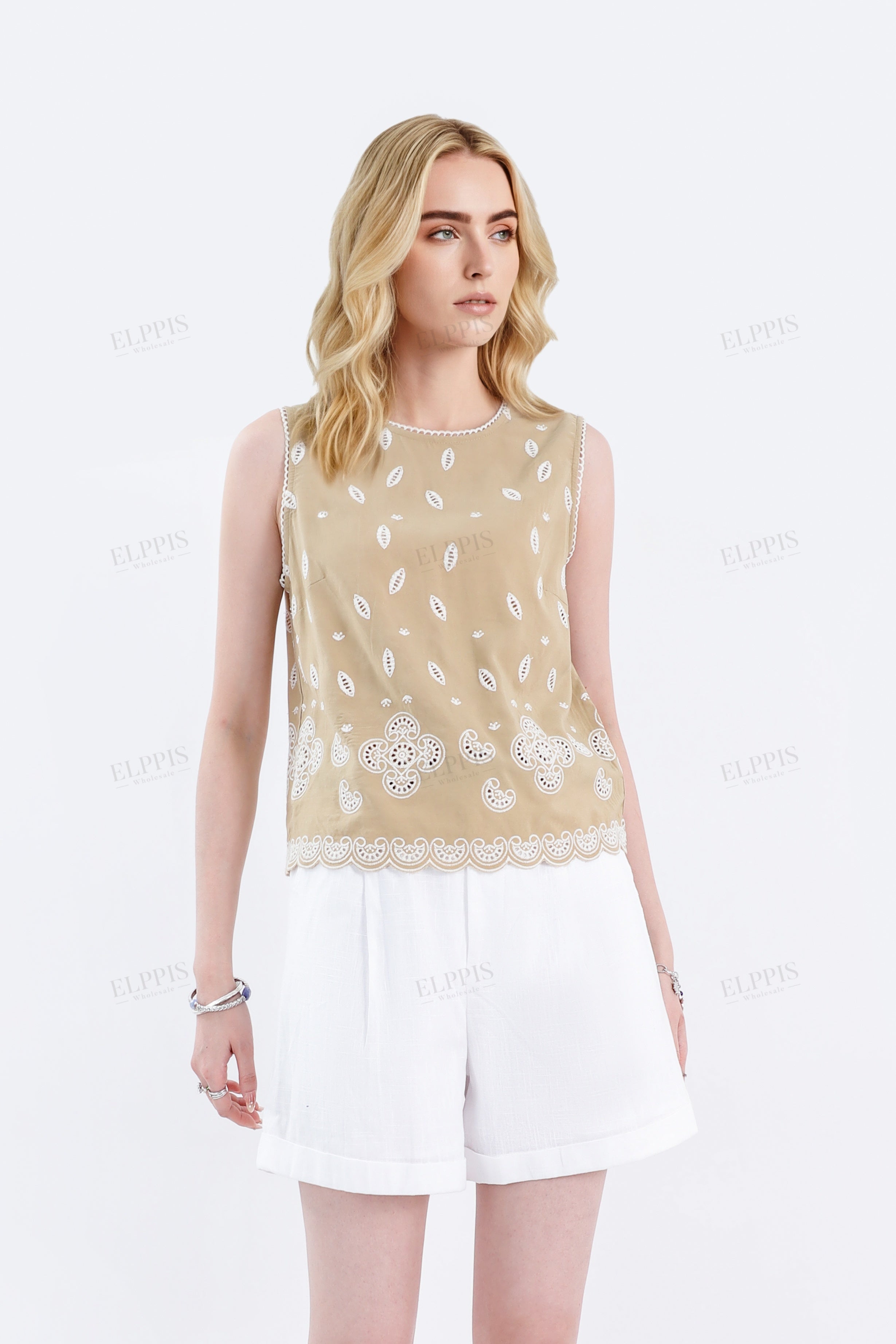 Beige Sleeveless Top with Cutwork Embroidery & Scalloped Hem
