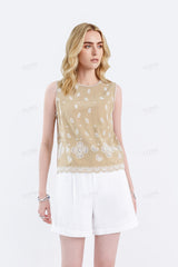 Beige Sleeveless Top with Cutwork Embroidery & Scalloped Hem