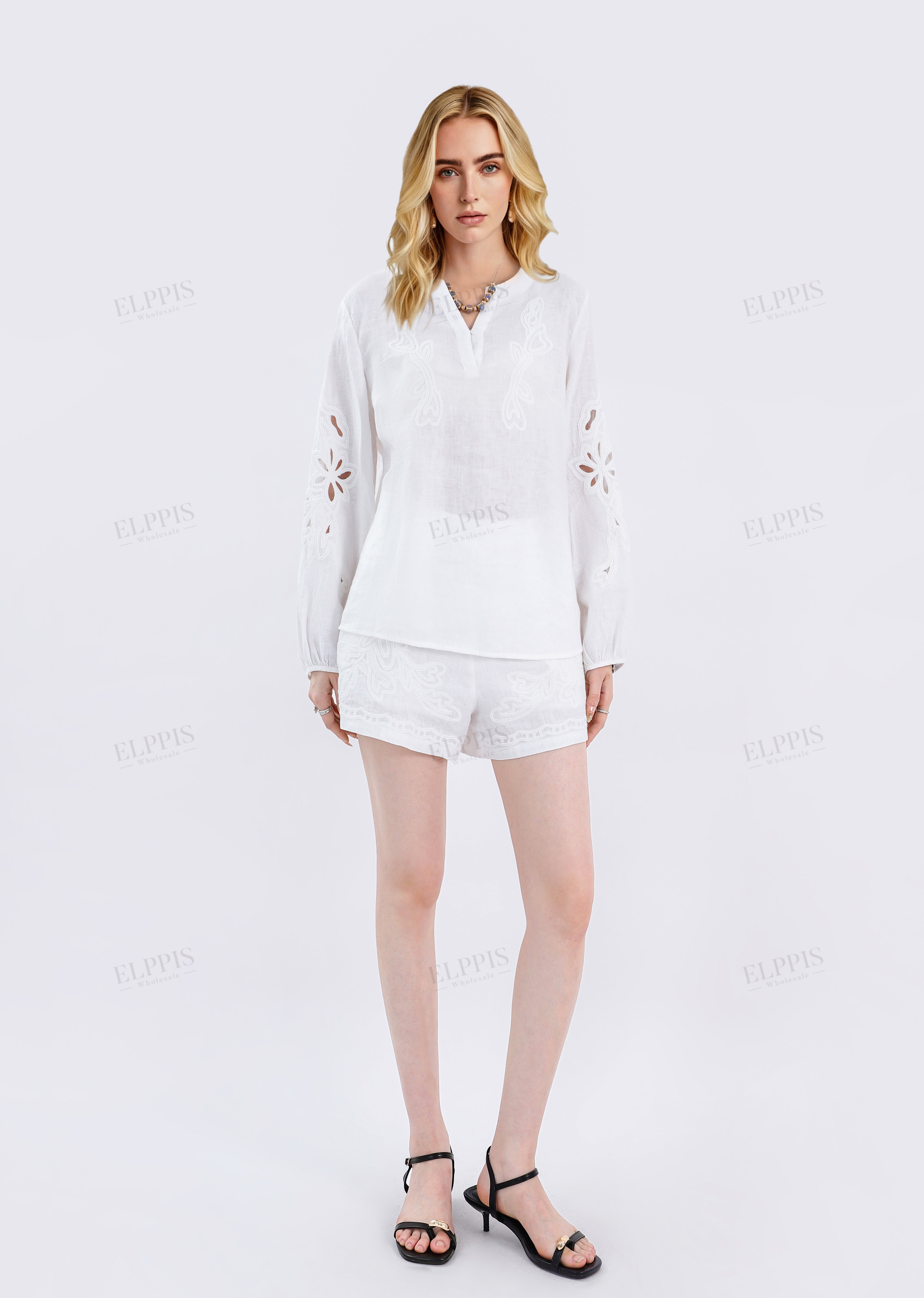 White Linen Long-Sleeve Embroidered Blouse