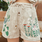 Floral plant embroidered A-line shorts