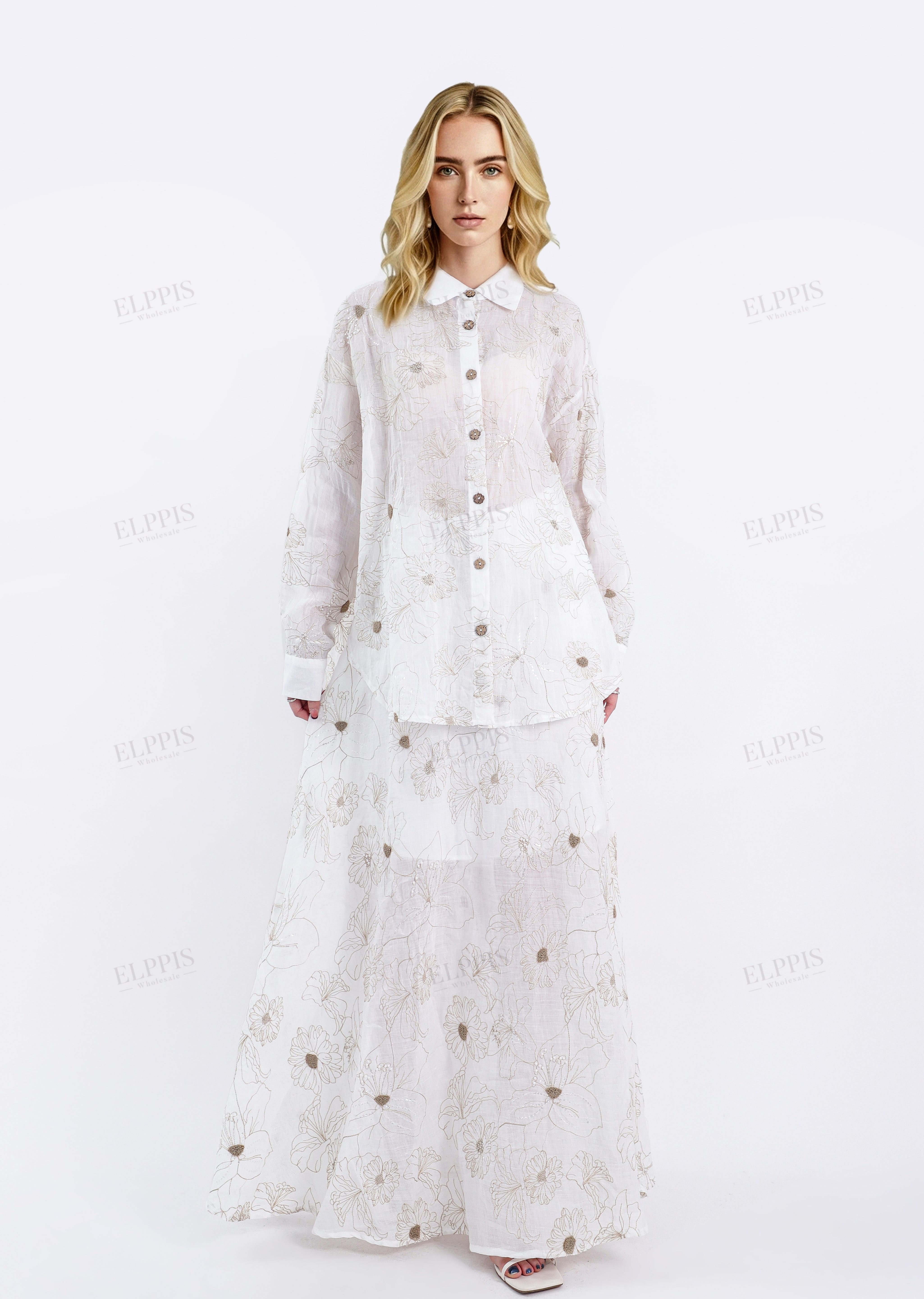 White Ramie Maxi Skirt with Gold Floral Embroidery