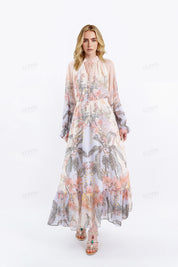 Sheer Tropical Floral Print Maxi Dress with Ruffled Sleeves