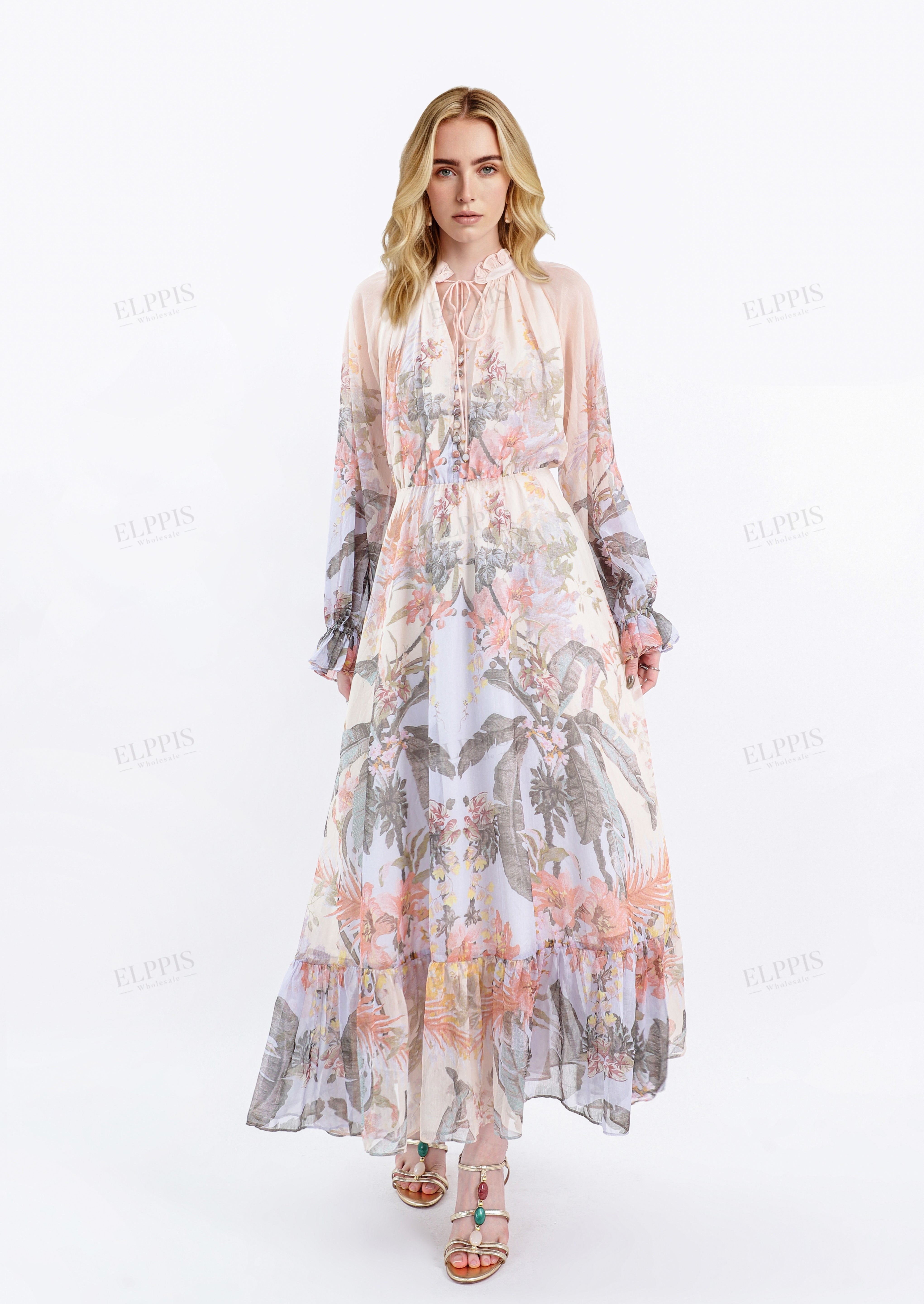 Sheer Tropical Floral Print Maxi Dress with Ruffled Sleeves
