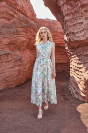 Eyelet Floral Print Sleeveless Midi Shirt Dress with Belt