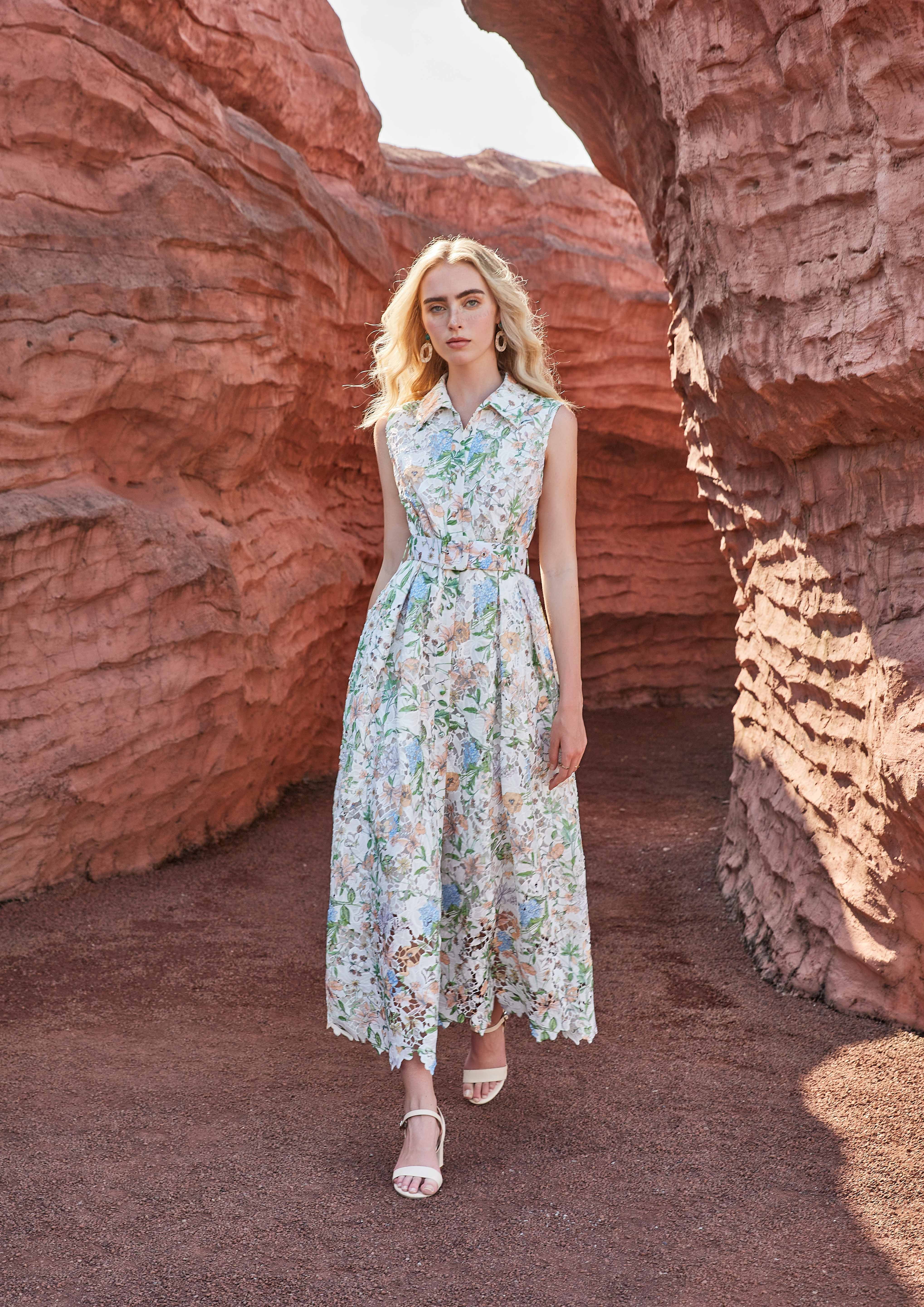Eyelet Floral Print Sleeveless Midi Shirt Dress with Belt