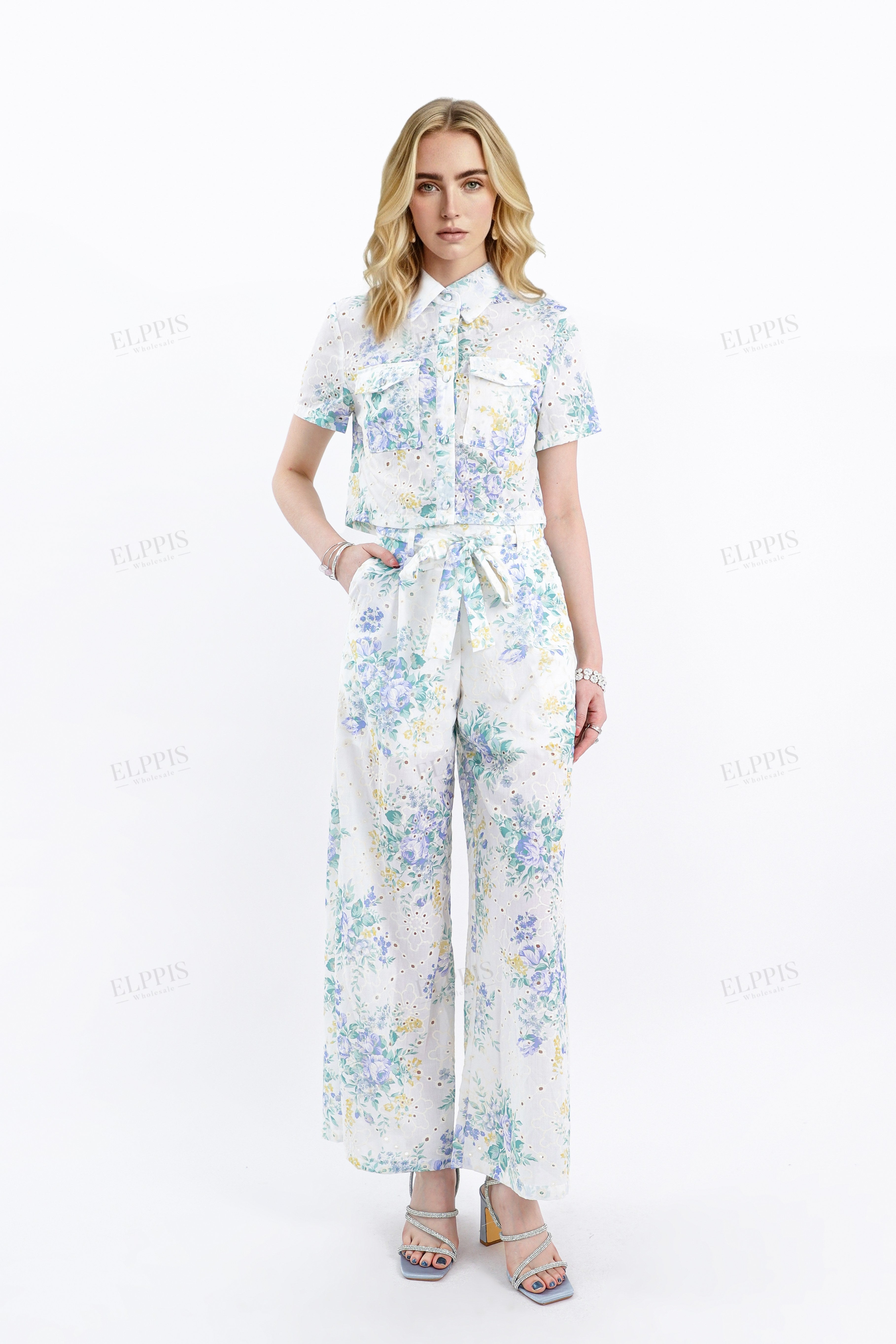 White & Floral (Blue/Yellow) Eyelet Short-Sleeve Cropped Blouse