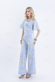 Light Blue Wide-Leg Pants with Cream Lace Embroidery