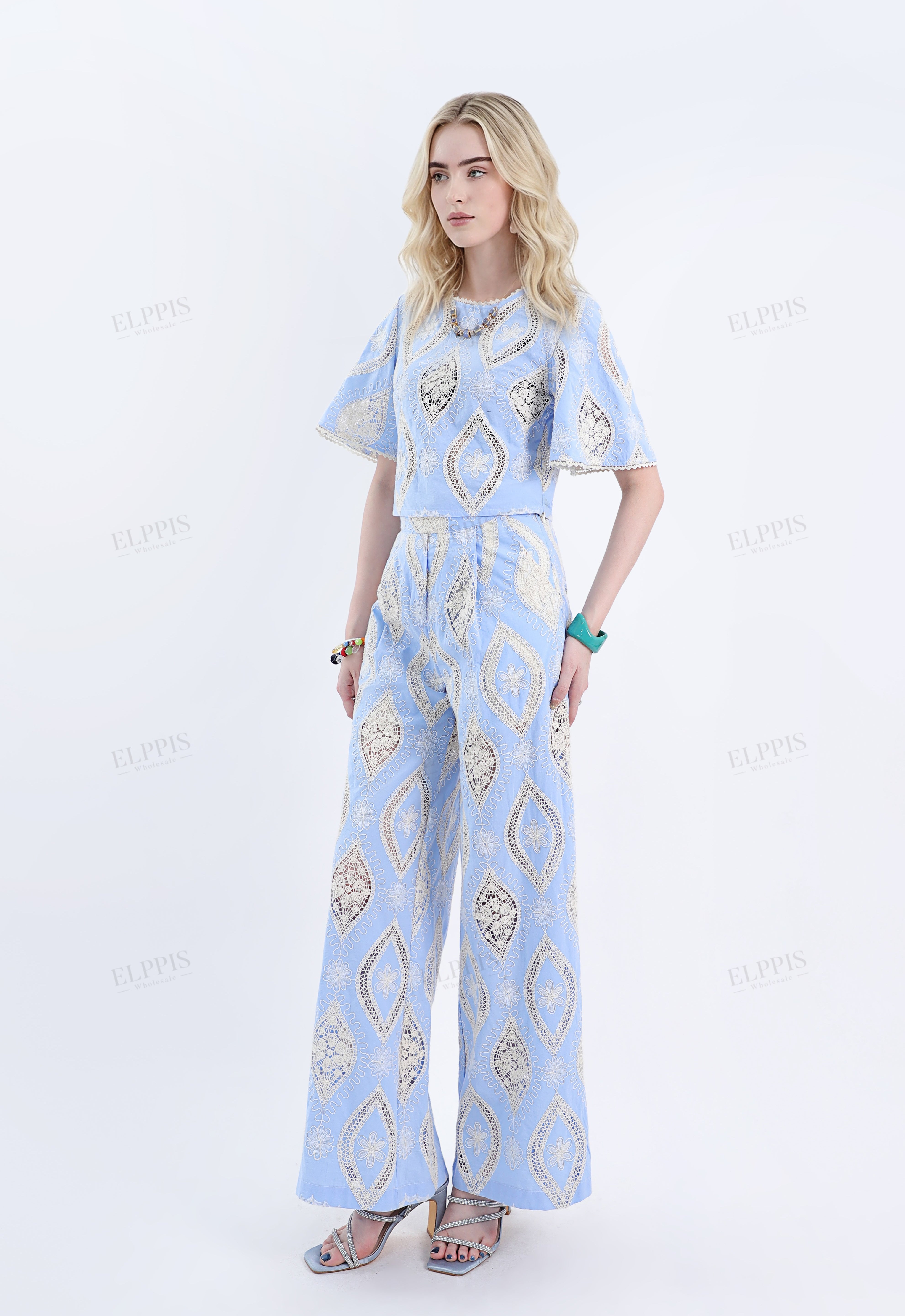 Light Blue Wide-Leg Pants with Cream Lace Embroidery