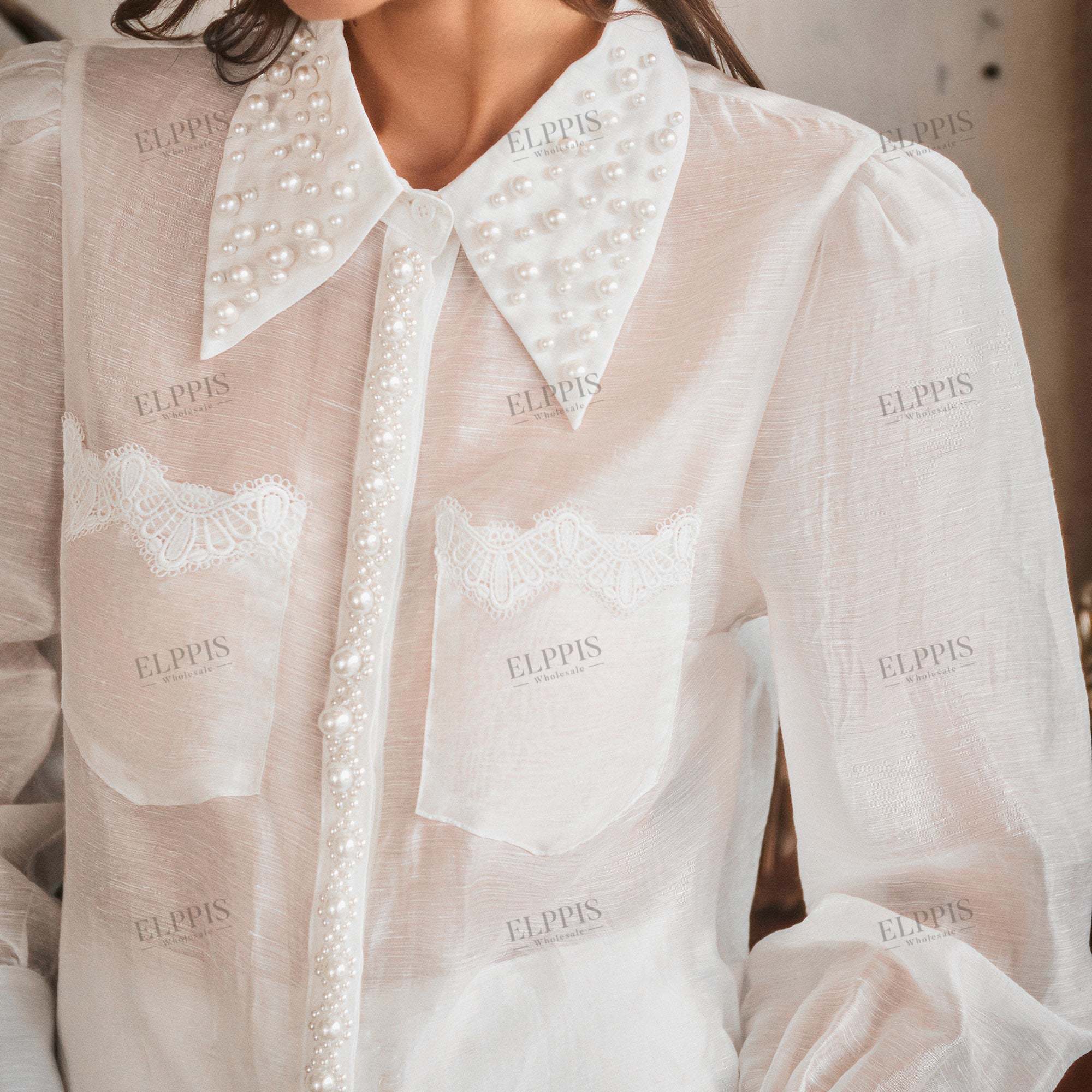 Lace panel handcrafted beaded long sleeve lapel shirt