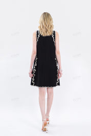 Black Sleeveless Shift Dress with Cream Palm Tree Embroidery