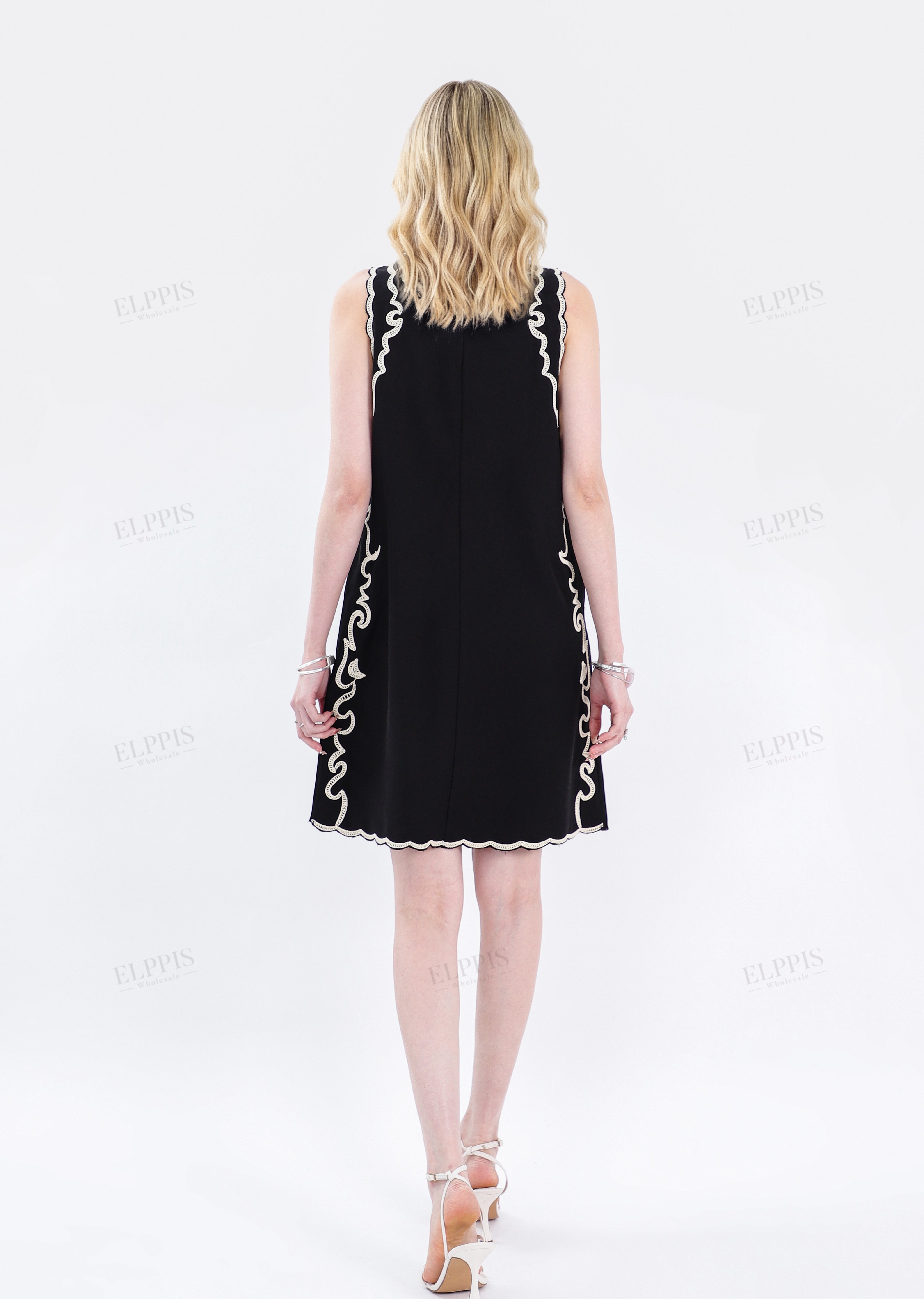 Black Sleeveless Shift Dress with Cream Palm Tree Embroidery