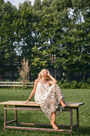 Cream Spaghetti Strap Maxi Dress with Brown Floral Embroidery