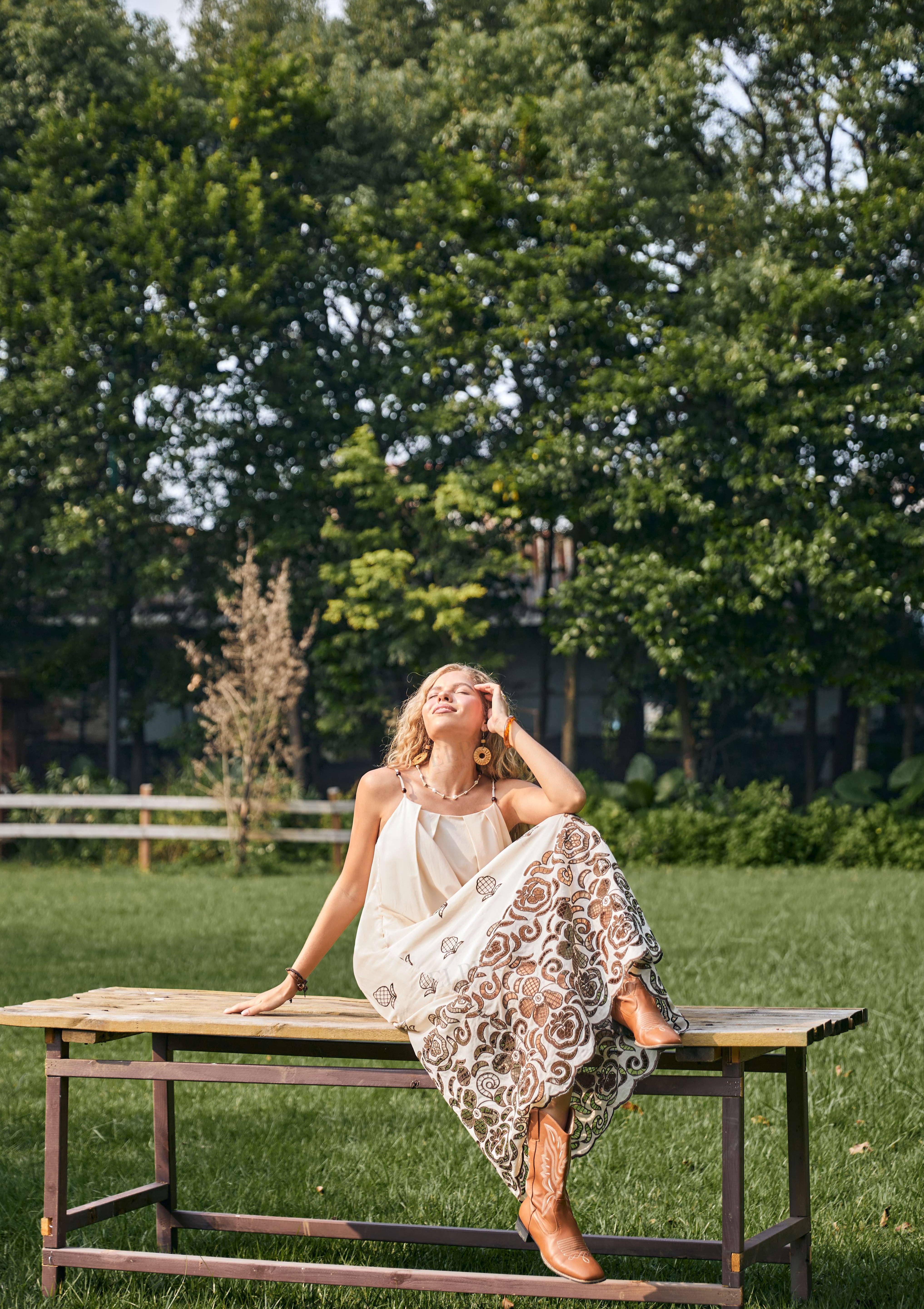 Cream Spaghetti Strap Maxi Dress with Brown Floral Embroidery
