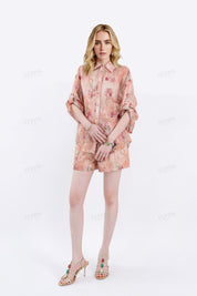 Collared Roll-Sleeve Tencel-Cotton Floral Blouse
