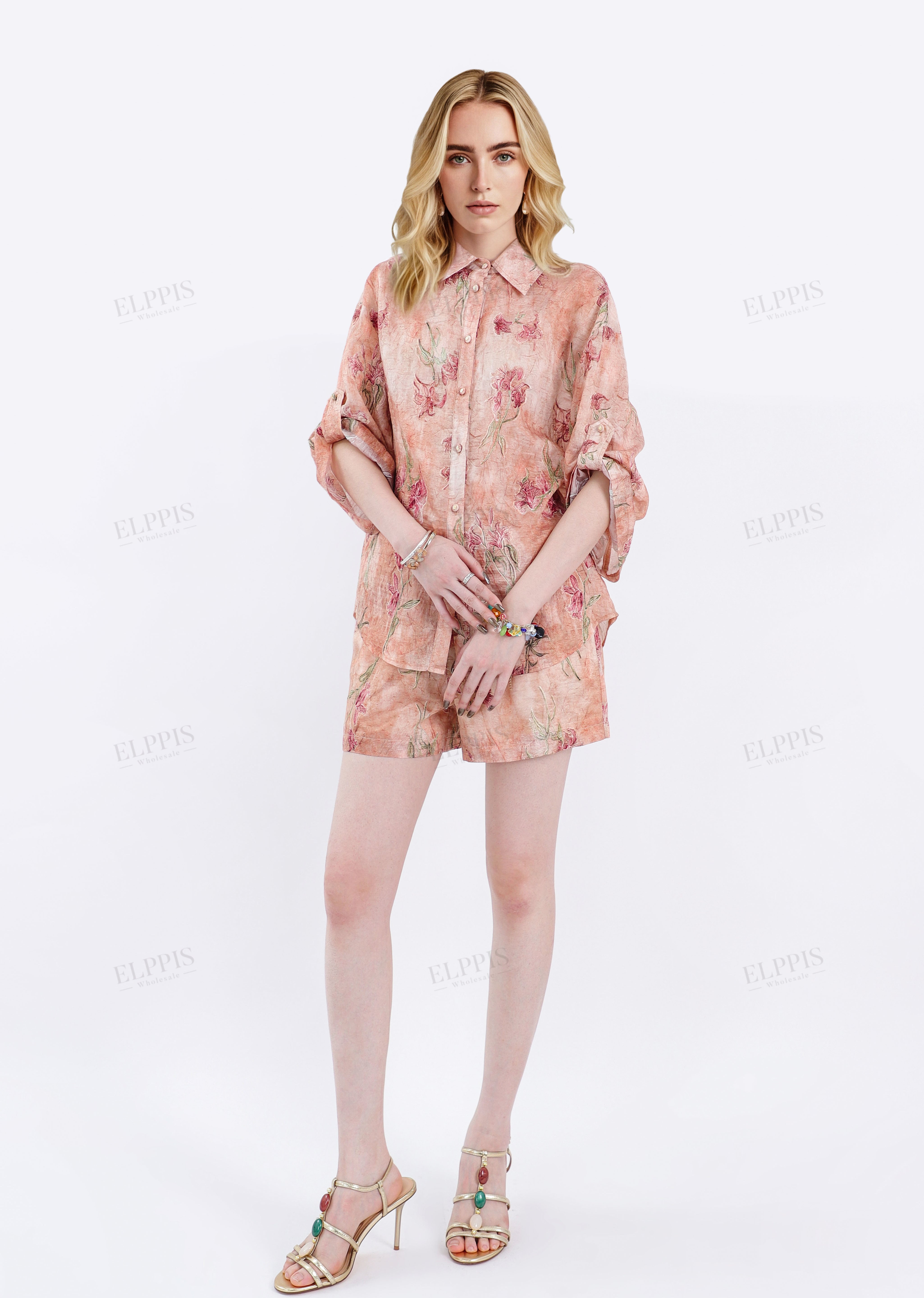 Collared Roll-Sleeve Tencel-Cotton Floral Blouse