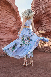 Light Lavender Watercolor Floral Sleeveless Twist-Waist Ruffled Midi Dress
