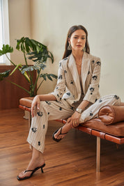 Beige Pinstripe Floral Embroidered Wide-Leg Pants