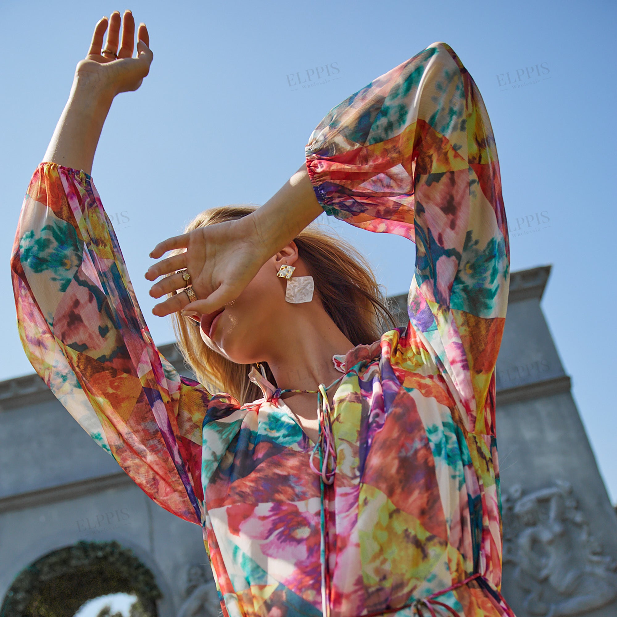 3D flower decorated collar long sleeve geometric print A-line long dress