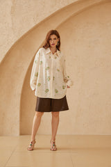 Cream Long-Sleeve Shirt with Sequin Floral Embellishments