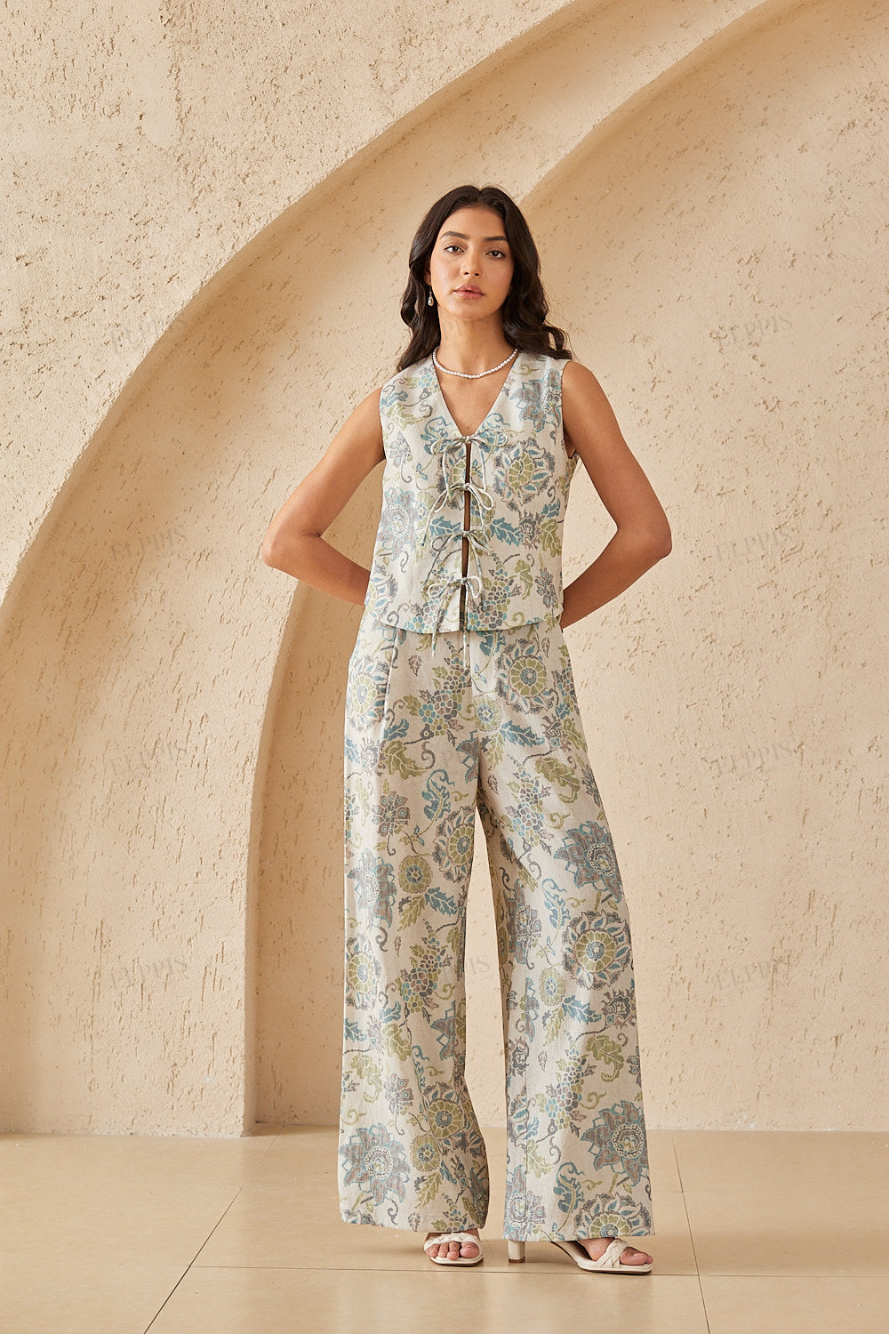 Floral Print Linen Wide-Leg Pants