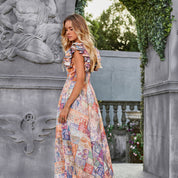 Chiffon printed A-line ruffle sleeve maxi dress