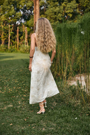 Ivory Spaghetti Strap Maxi Dress with Gold Floral Embroidery