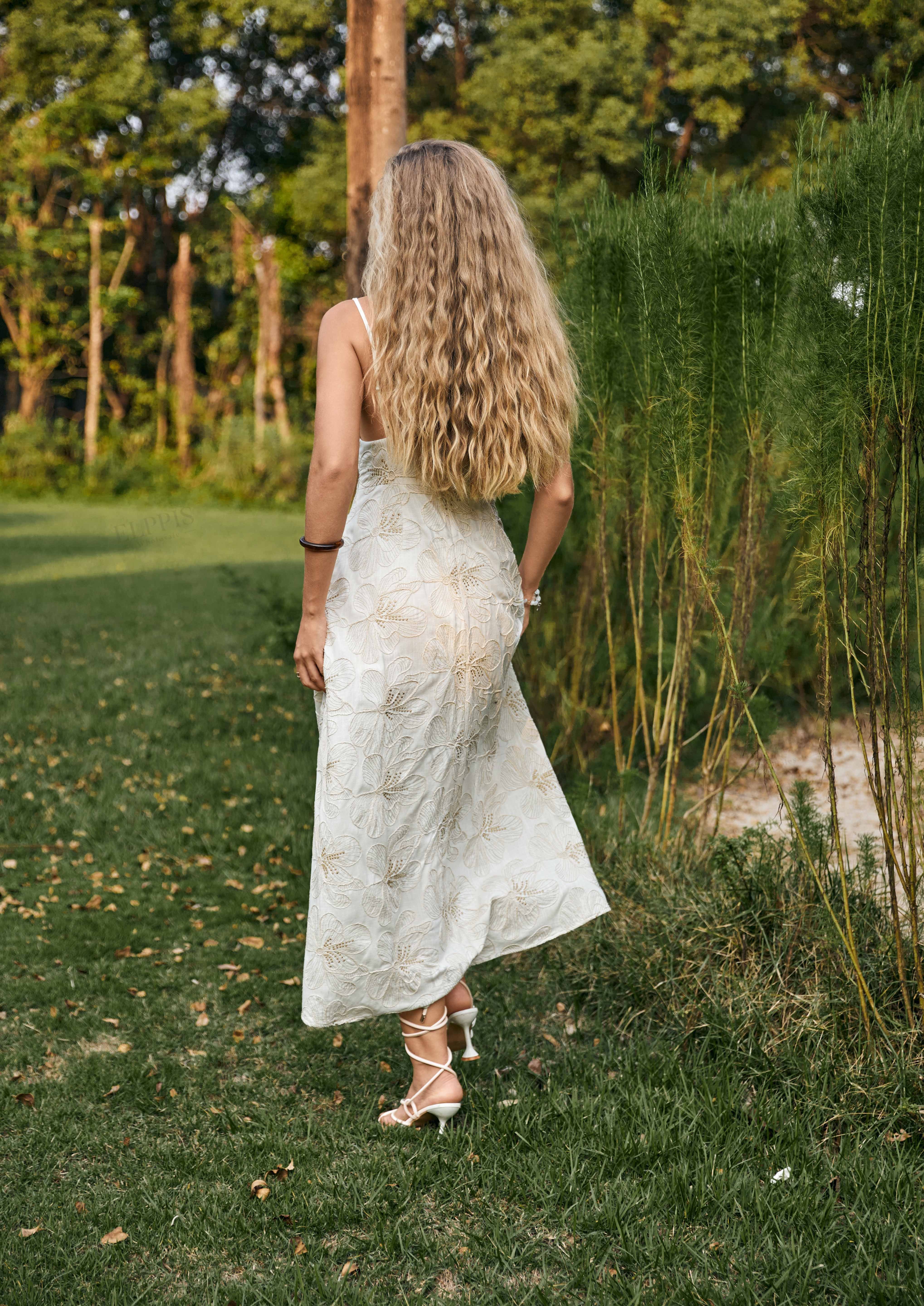 Ivory Spaghetti Strap Maxi Dress with Gold Floral Embroidery