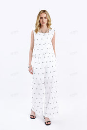 White Cotton-Linen Blend Print Sleeveless Vest