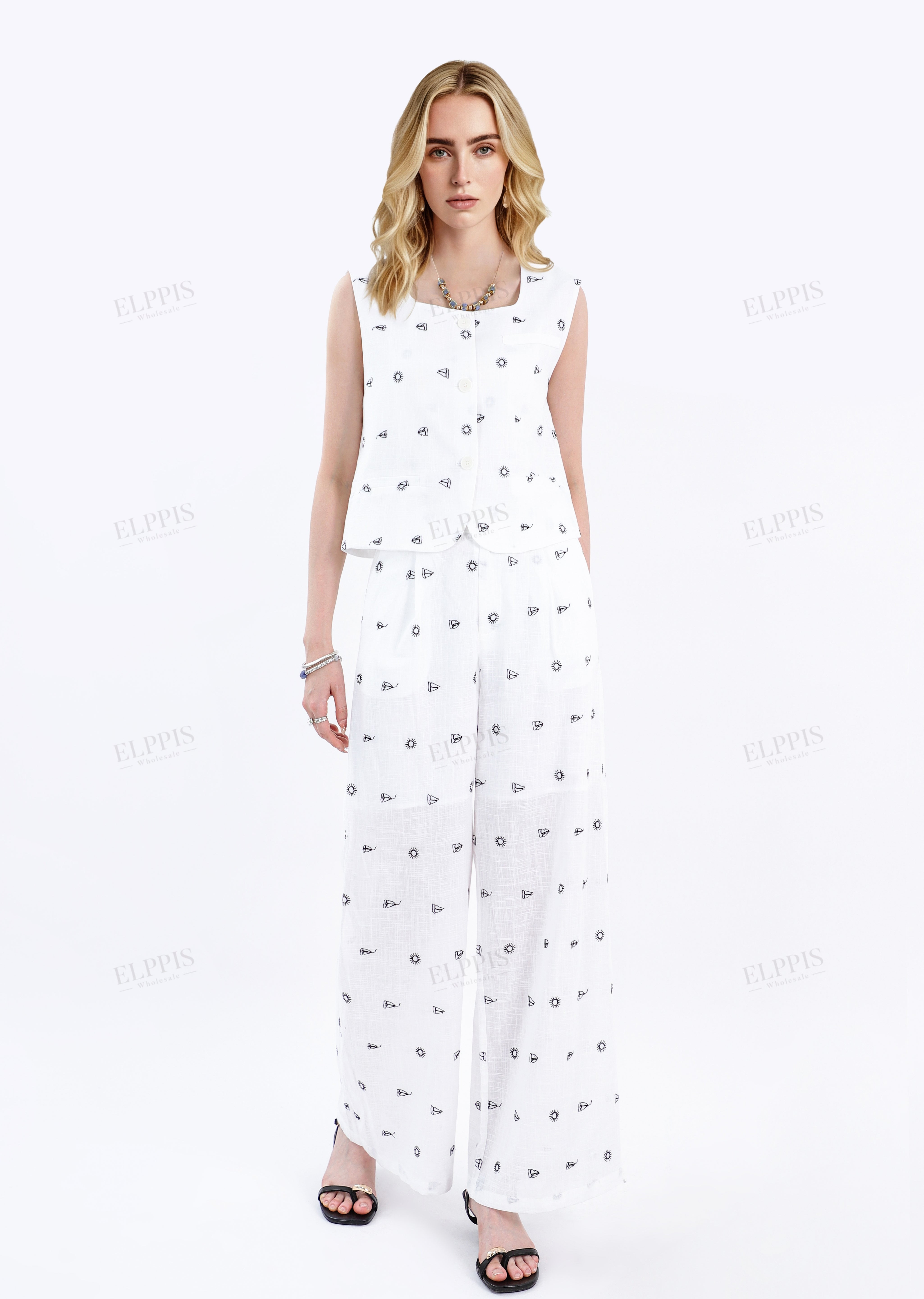 White Cotton-Linen Blend Print Sleeveless Vest