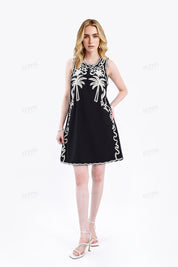 Black Sleeveless Shift Dress with Cream Palm Tree Embroidery