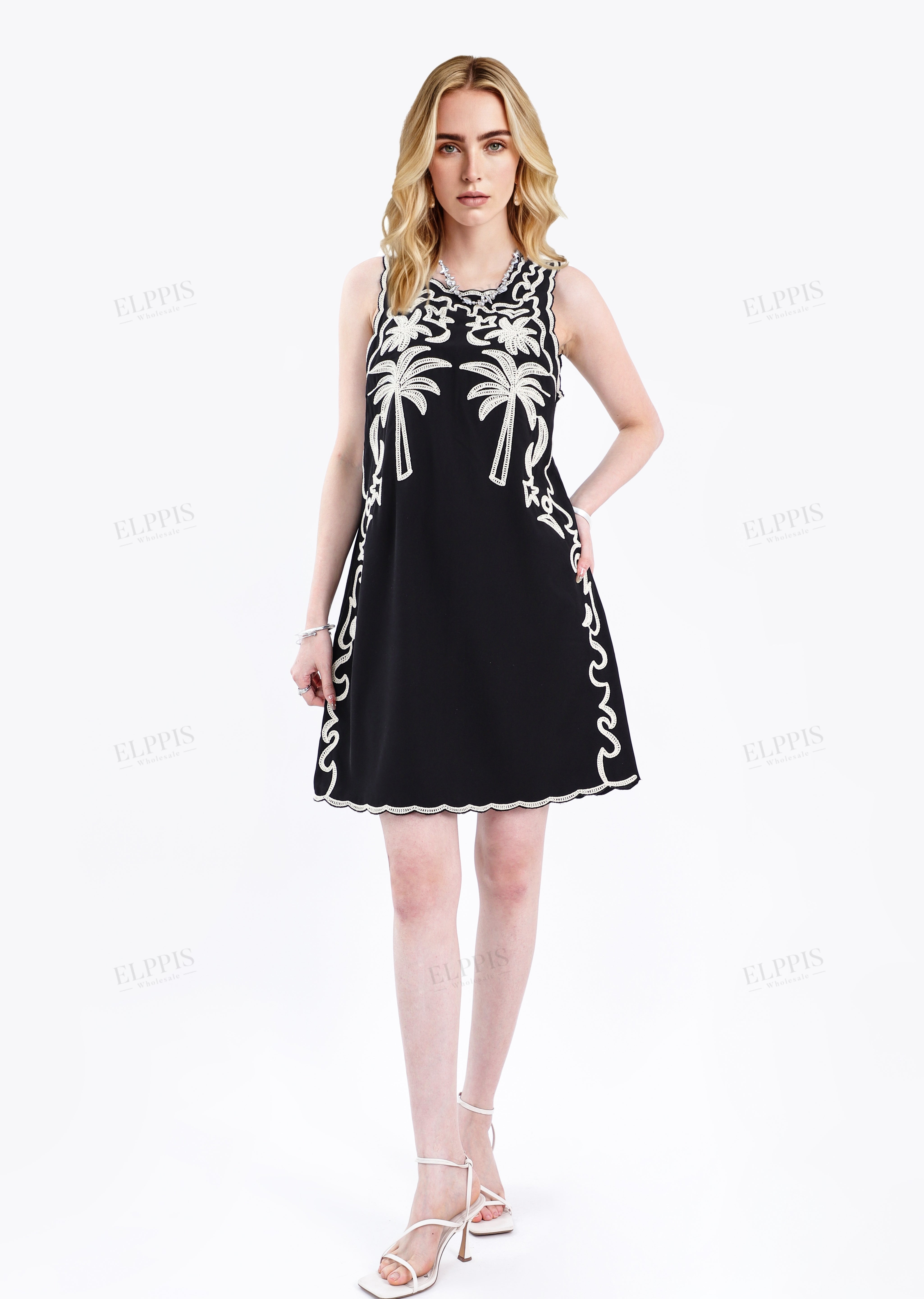 Black Sleeveless Shift Dress with Cream Palm Tree Embroidery