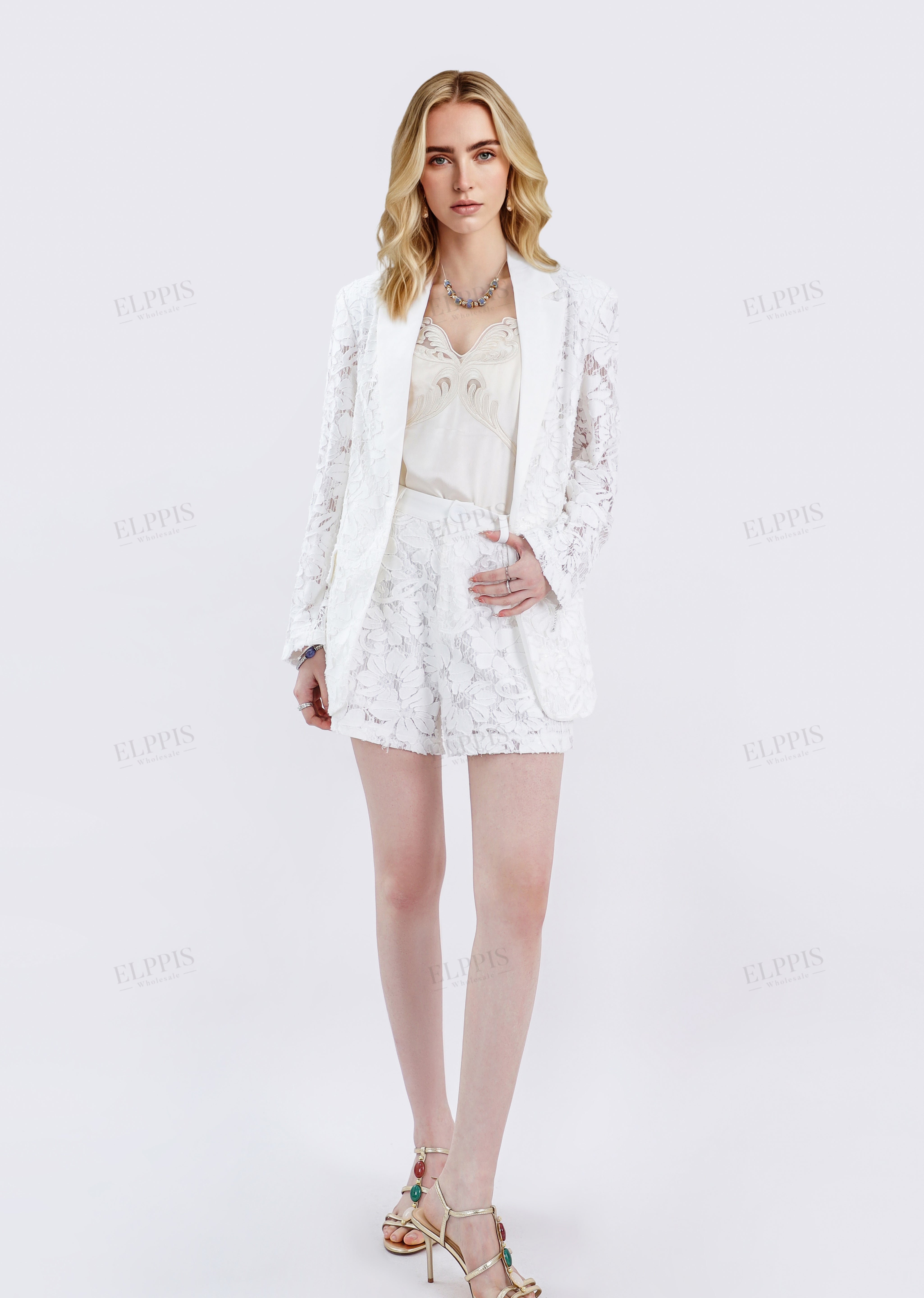 White Floral Lace Long-Sleeve Blazer