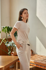 Cream Lace-Detail Crewneck Short-Sleeve Top