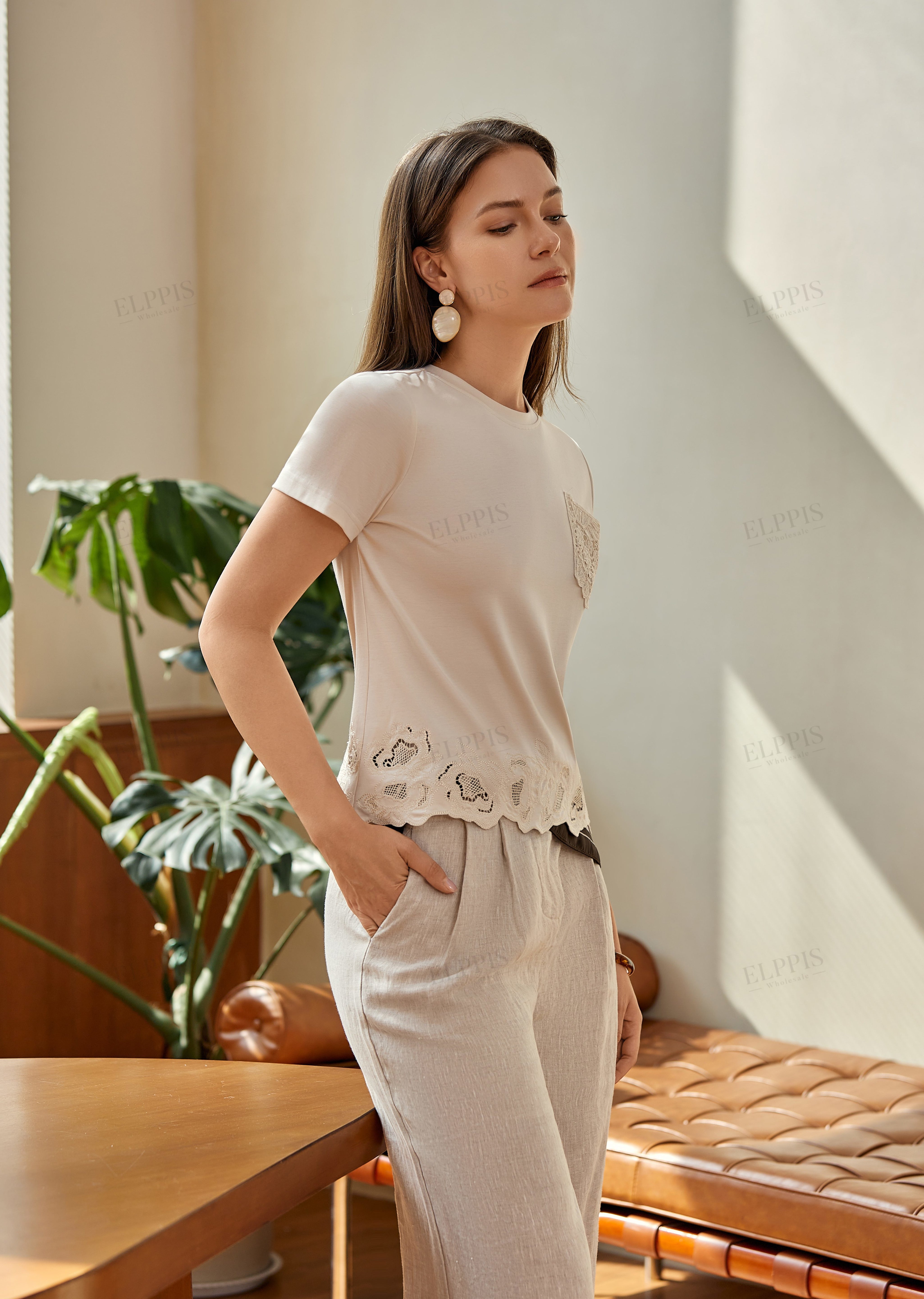 Cream Lace-Detail Crewneck Short-Sleeve Top