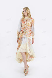 Floral Print Asymmetrical Midi Skirt with Lace Overlay