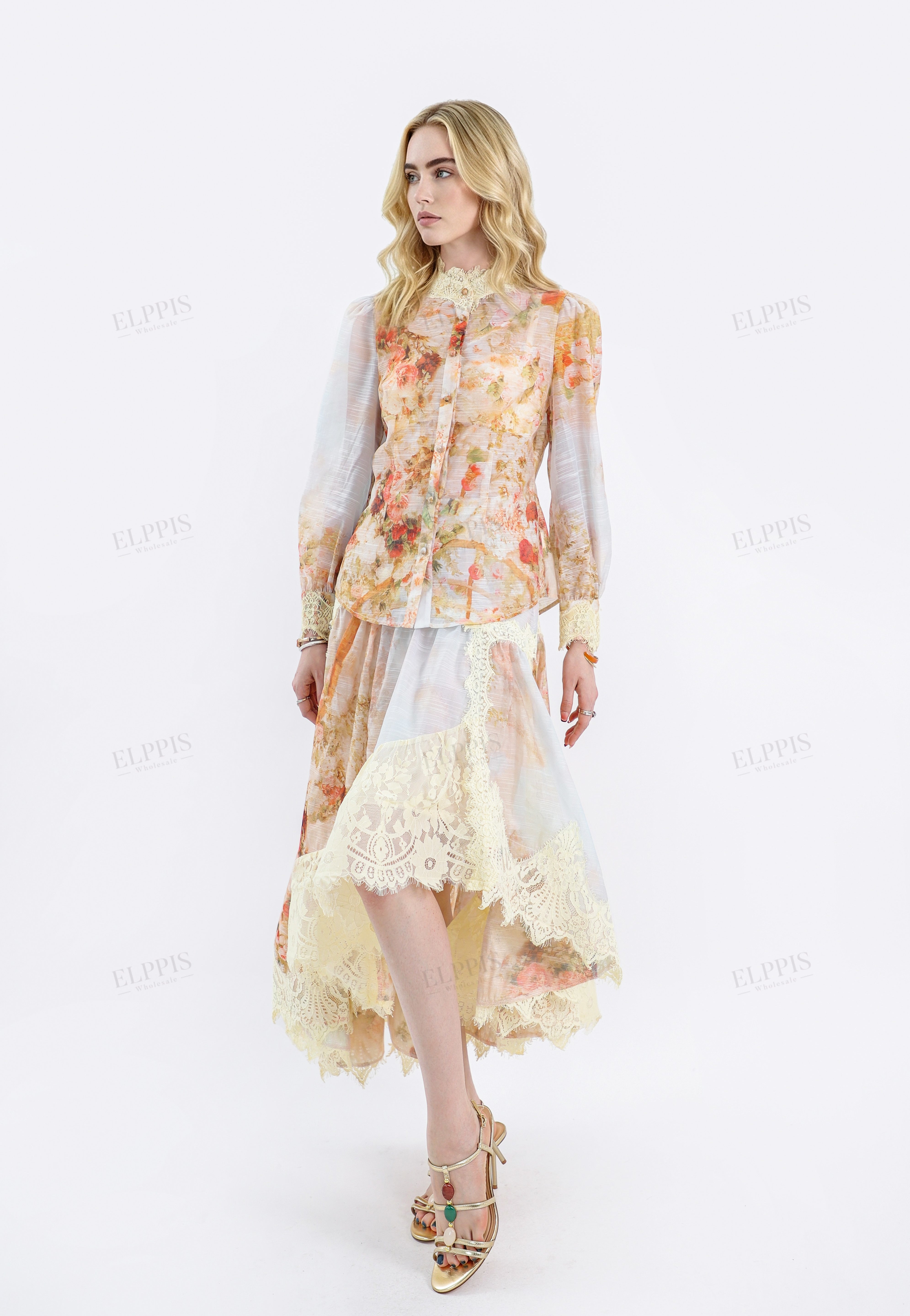Floral Print Asymmetrical Midi Skirt with Lace Overlay
