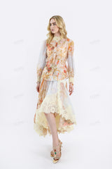 Floral Print Asymmetrical Midi Skirt with Lace Overlay