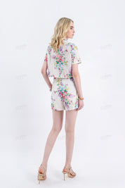Cream Floral Print Eyelet Shorts with Self-Tie Belt
