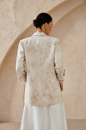 Beige Textured Linen-Blend Blazer with Floral Embroidery