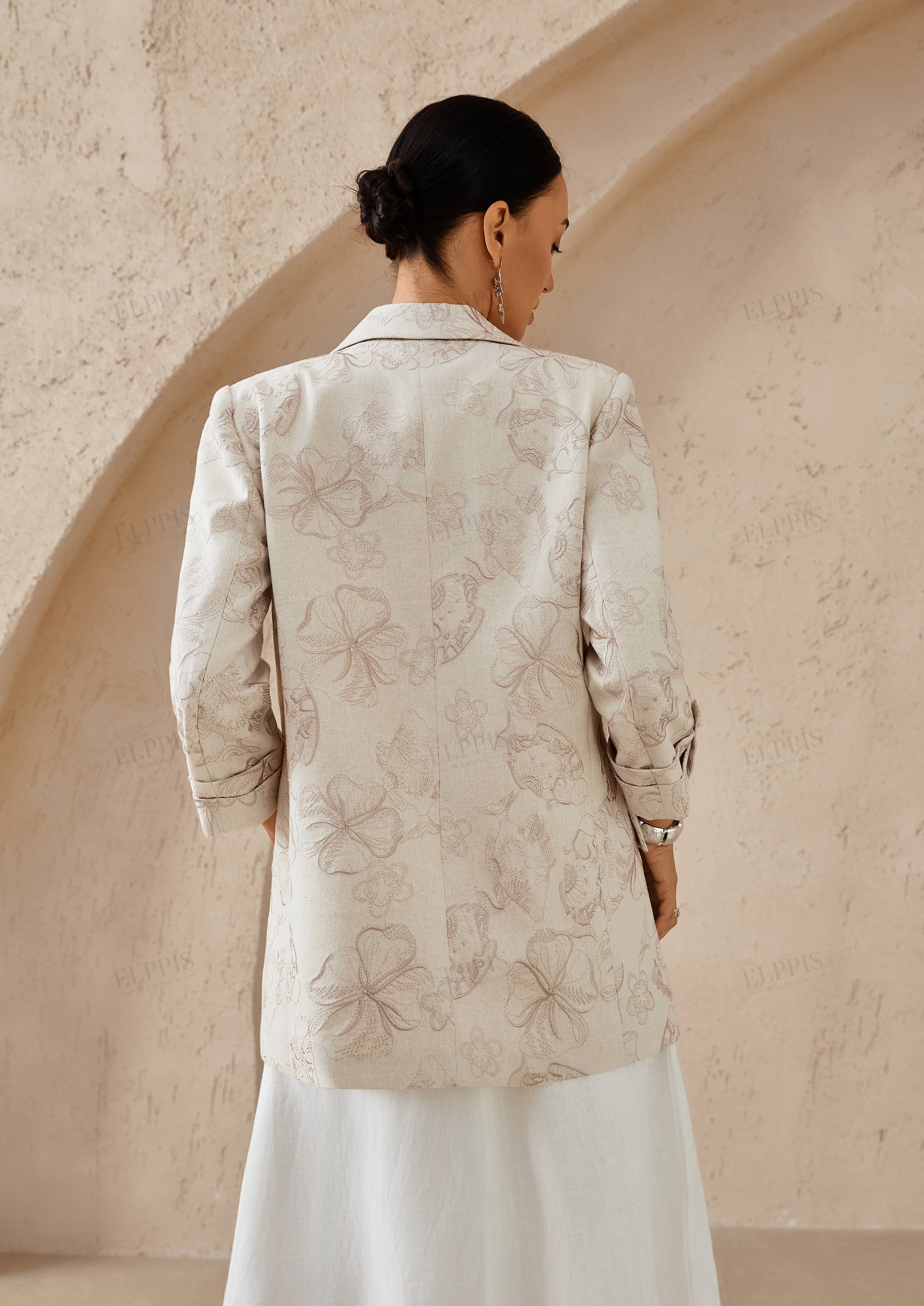 Beige Textured Linen-Blend Blazer with Floral Embroidery