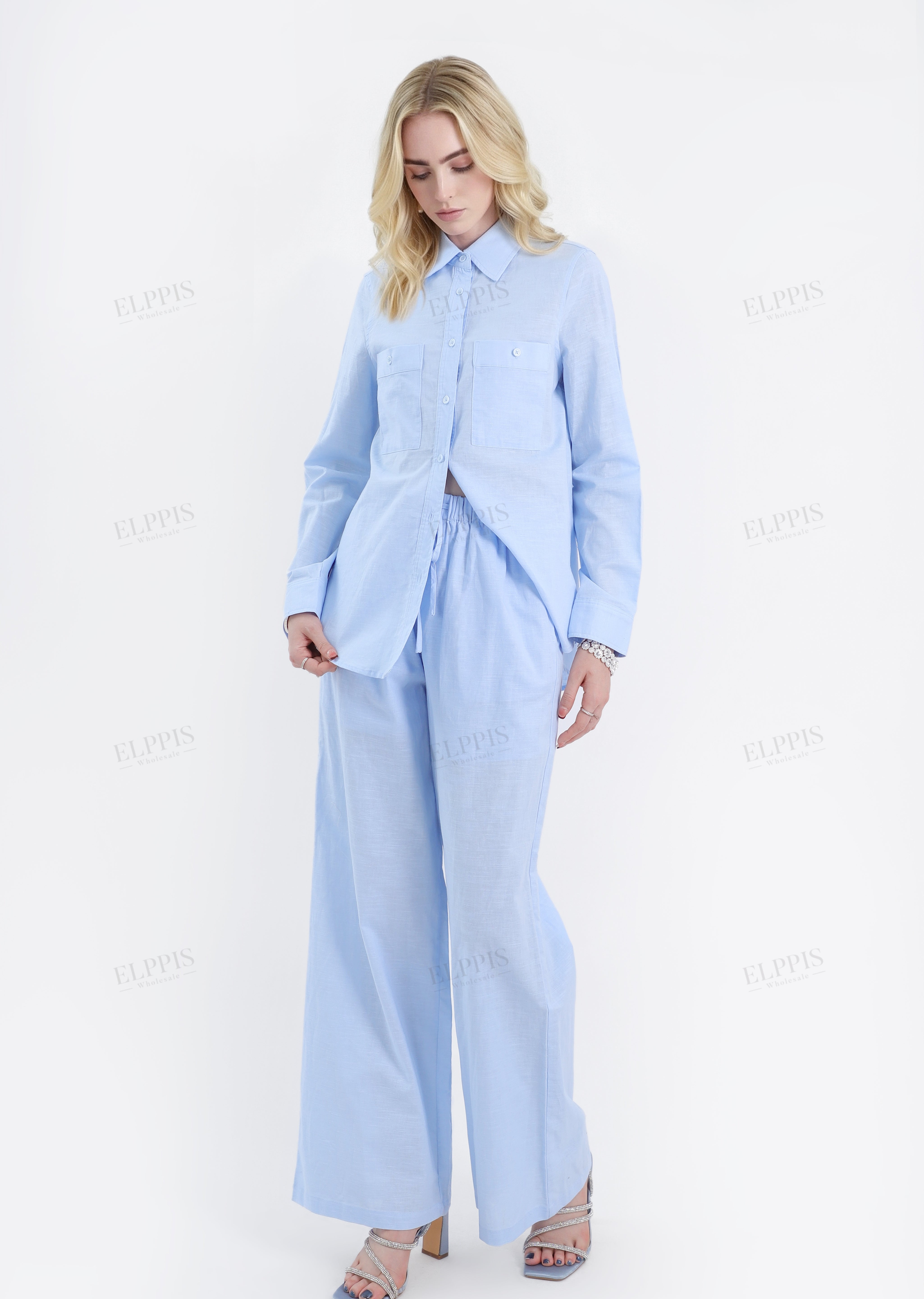 Light Blue Linen-Cotton Wide-Leg Pants