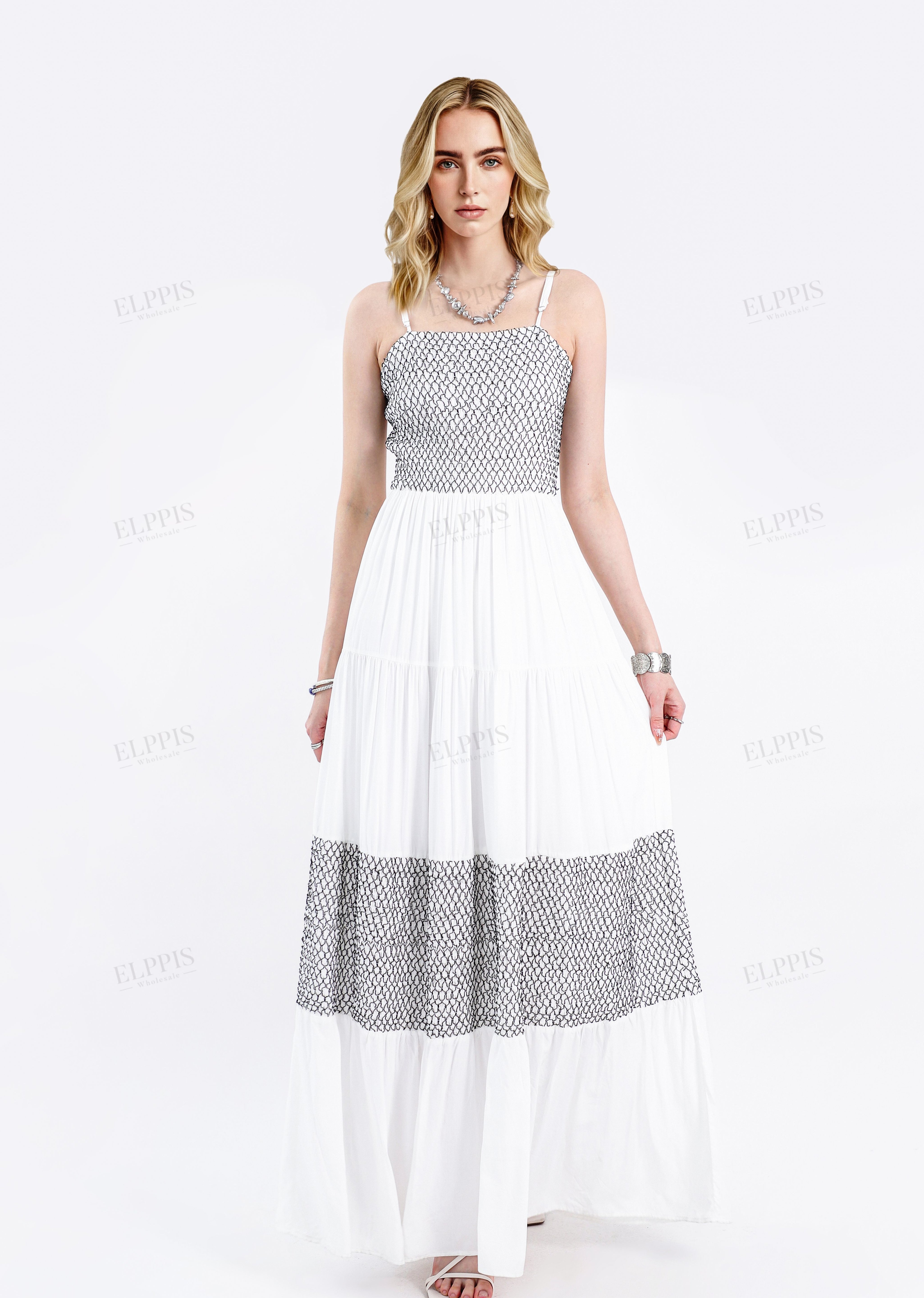 White Cami Maxi Dress with Black Geometric Pattern