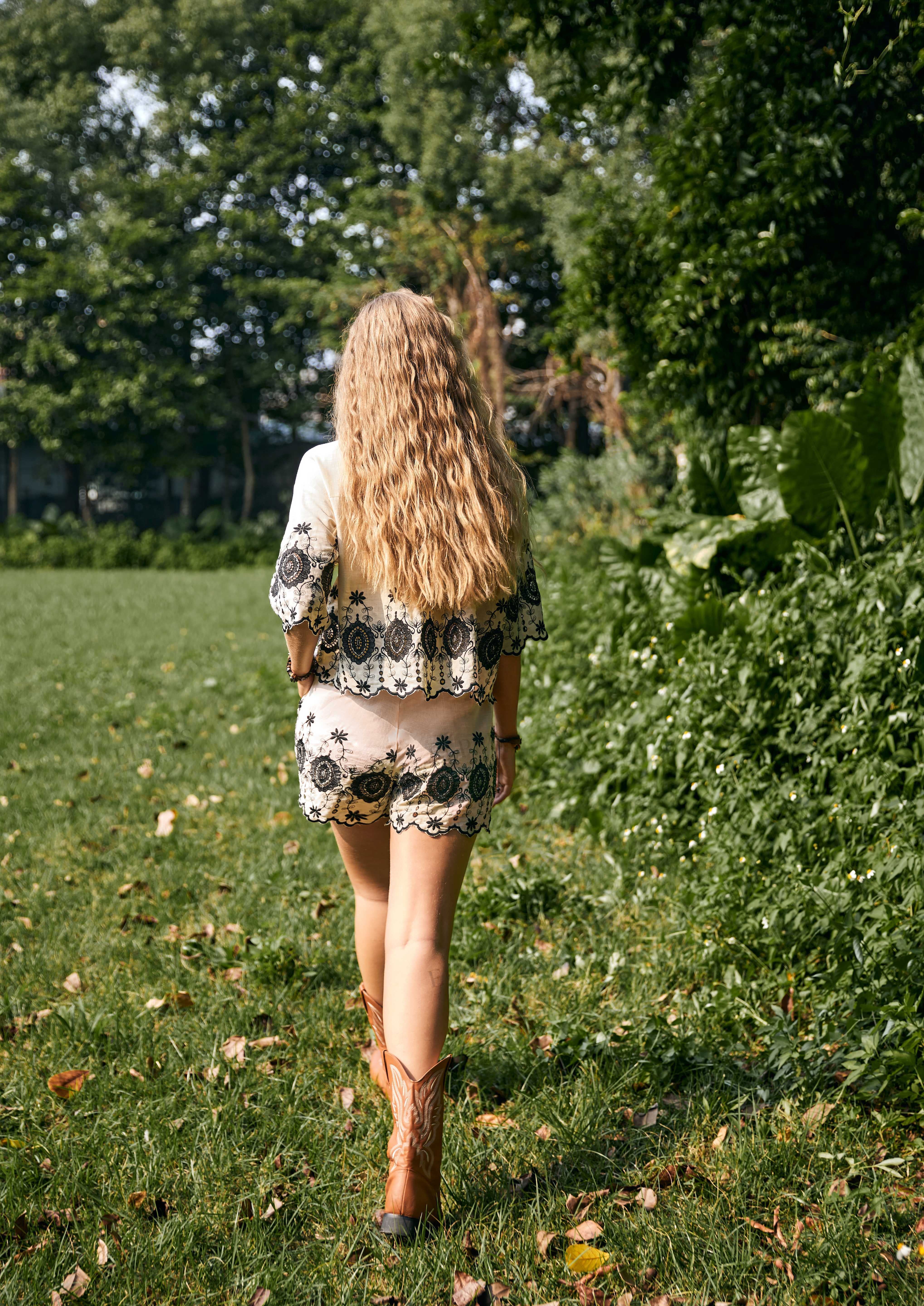 Cream with Black Floral Embroidery Trim  Short-Sleeve Shirt