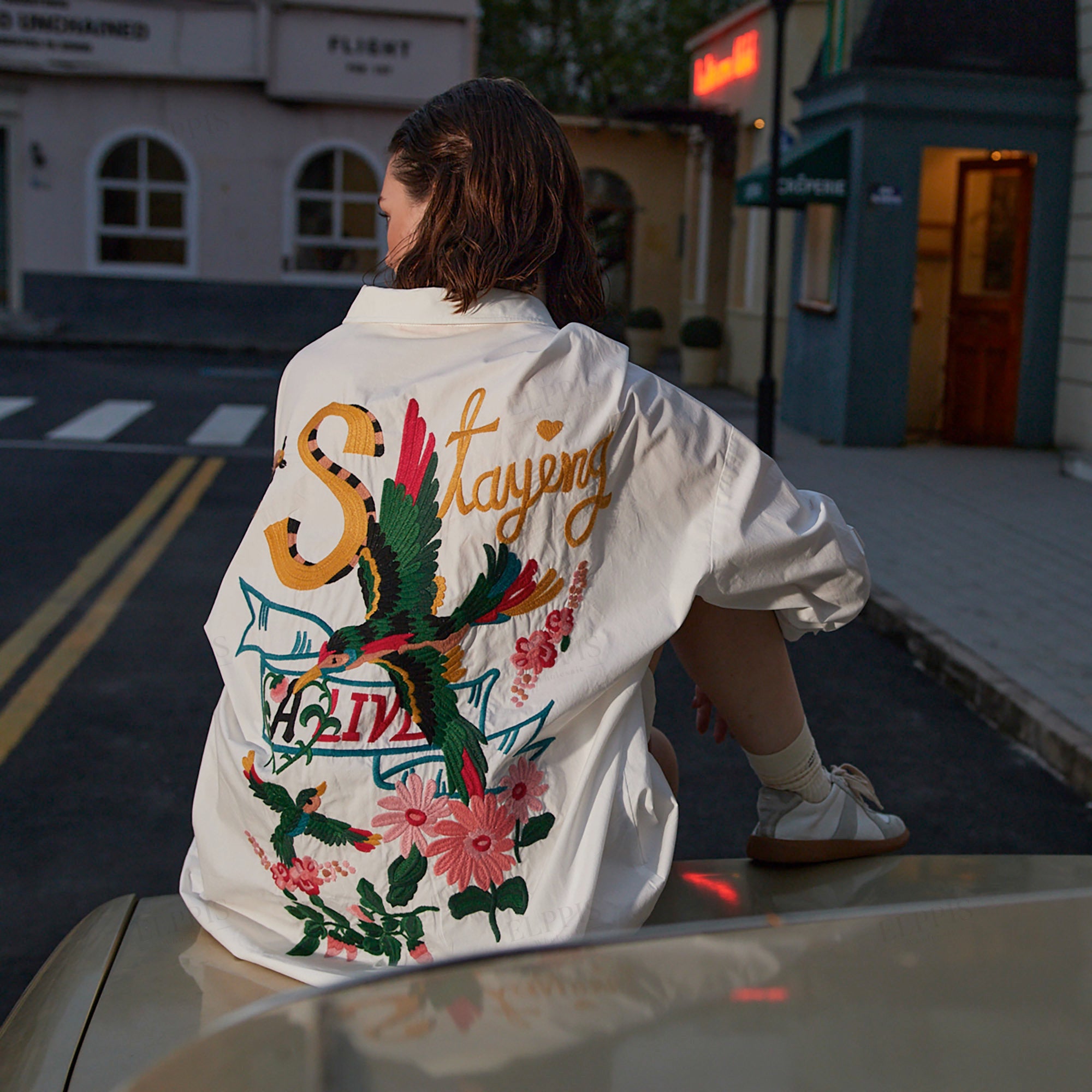 White oversized shirt with embroidered back