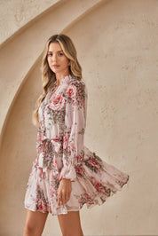 Blush Pink Romantic Rose Print Chiffon Tunic with Ruffled Hem