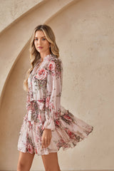 Blush Pink Romantic Rose Print Chiffon Tunic with Ruffled Hem