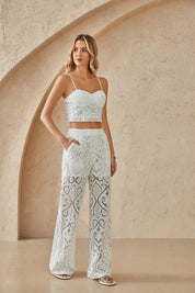 White Lace Wide-Leg Trousers with Paisley Pattern